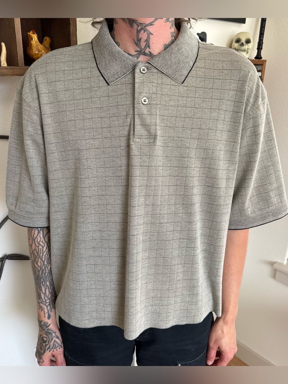 Vintage 90s Y2K Cropped Gray Grid Short Sleeve Polo ~ Size XL